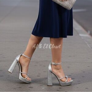 Pelle Moda Silver Metallic Suede Platform Heeled Sandals – Size 9 New With Box